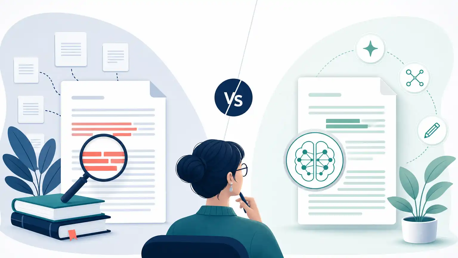 Editorial visual explaining similarity matches vs. ai writing signals for students reviewing Turnitin results. Editorial visual explaining similarity matches vs. ai writing signals for students reviewing Turnitin results.