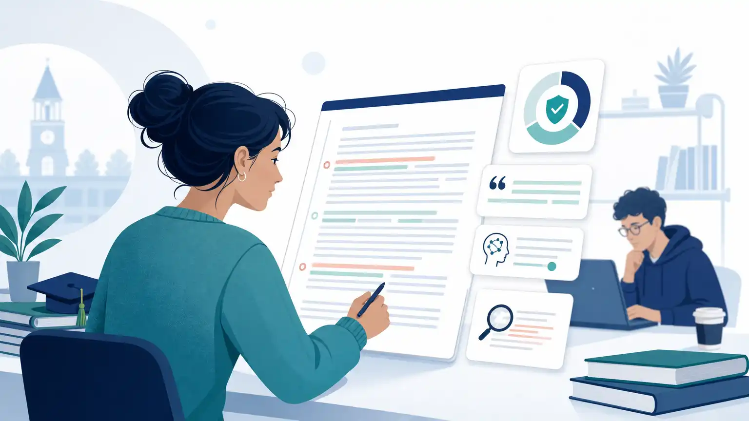 Student-friendly editorial visual about turnitin plagiarism checker and responsible Turnitin report review.