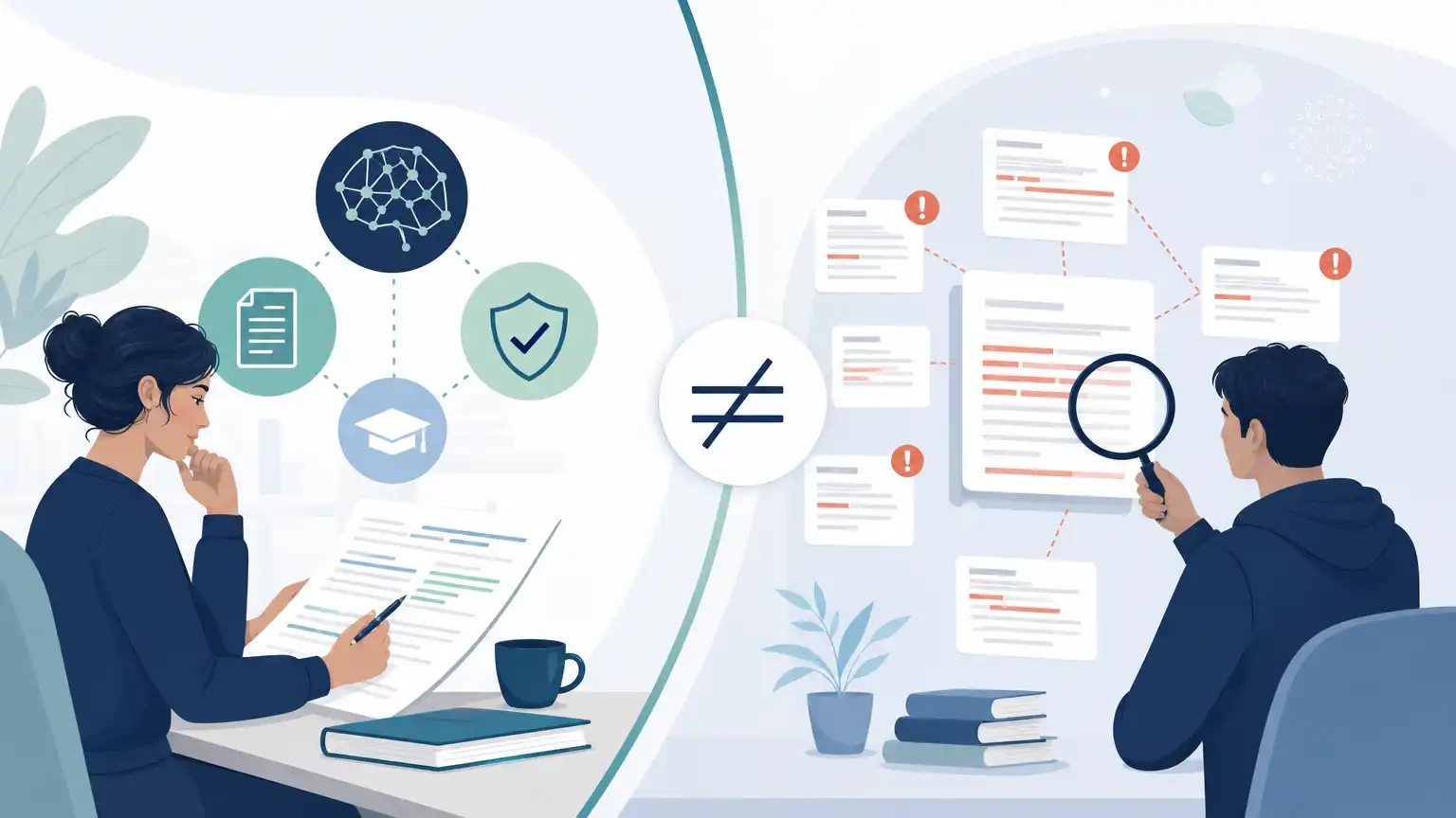 Editorial visual explaining why the model is not the same as a similarity checker for students reviewing Turnitin results. Editorial visual explaining why the model is not the same as a similarity checker for students reviewing Turnitin results.